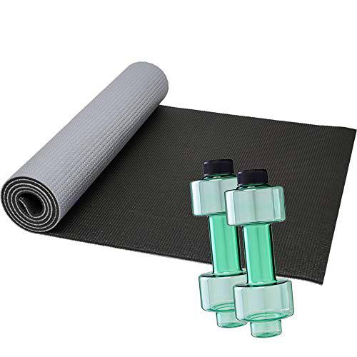 FUN FAN LINE - Pack de 1 Esterilla de Yoga Bicolor con Superficie Texturizada y Agarre Antideslizante + 2 Botellas mancuerna de Medio Kilo Cada una para Entrenamiento en casa (Gris + Negro)