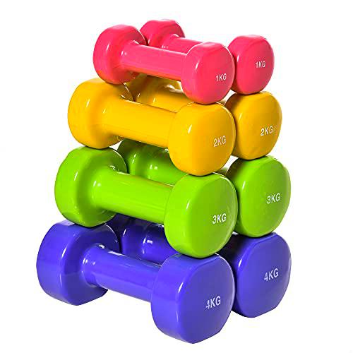 HOMCOM Juego de 8 Mancuernas Hexagonales 4 Pares 4 kg 3 kg 2 kg 1 kg con Revestimiento Pesas para Gimnasio en Casa Ejercicio Entrenamiento Acero Multicolor